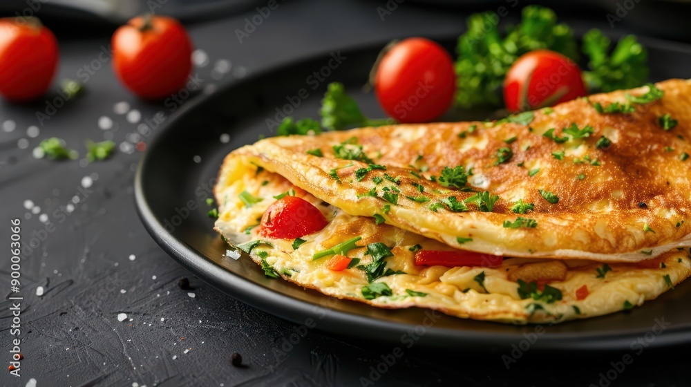 The omelette explosion podium pops with vibrant veggies and melted cheese, sunlight filtering through the rich and colorful filling, banner, with copy space The omelette explosion podium pops with vibrant veggies and melted cheese, sunlight filtering through the rich and colorful filling, banner, with copy space