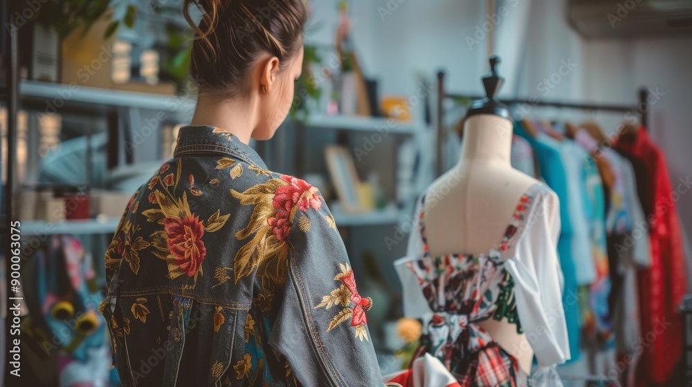 Back view of a fashion designer arranging clothes on a mannequin Back view of a fashion designer arranging clothes on a mannequin