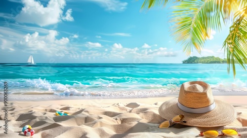Tropical beach with sunbathing accessories, summer holiday background © Лена Шевчук