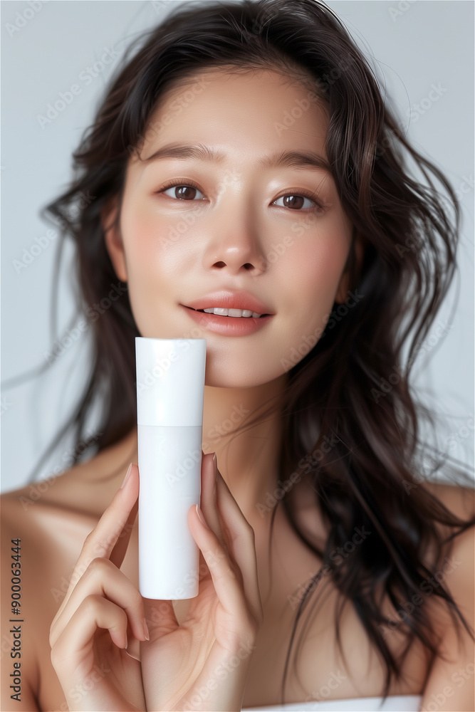 I am holding a Korean cosmetics model advertisement, white background, and white tube cosmetics. I am holding a Korean cosmetics model advertisement, white background, and white tube cosmetics.