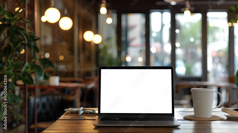 Mockup, laptop blank screen on wood table with coffee cafe background, template for your text advertisement Mockup, laptop blank screen on wood table with coffee cafe background, template for your text advertisement