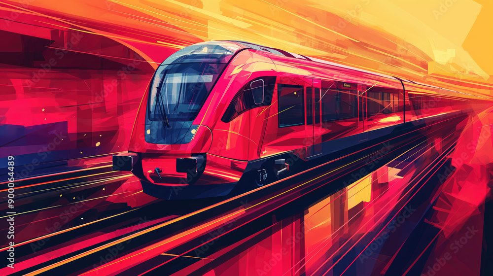 Fototapeta premium Red modern train on a stylized background in vector style