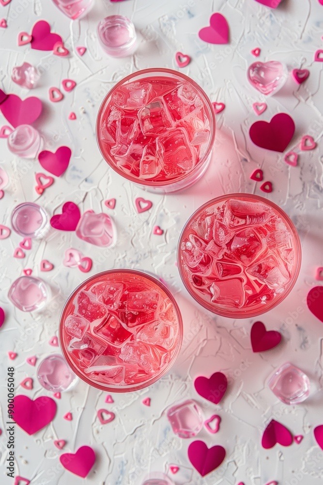 Valentine's Day cocktail on a white background. Pink festive Valentine's Day cocktail with hearts.
