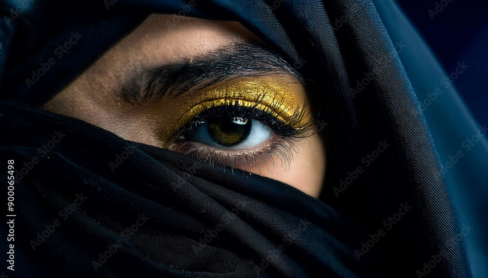 Closeup of a Woman's Eye with Golden Eye Shadow and Long Lashes Closeup of a Woman's Eye with Golden Eye Shadow and Long Lashes
