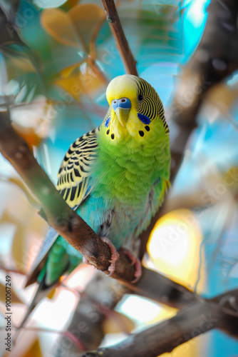 A green and yellow bird is perched on a branch