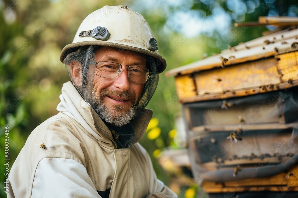 Smiling beekeeper in safety gear, standing half-body and facing the camera Smiling beekeeper in safety gear, standing half-body and facing the camera