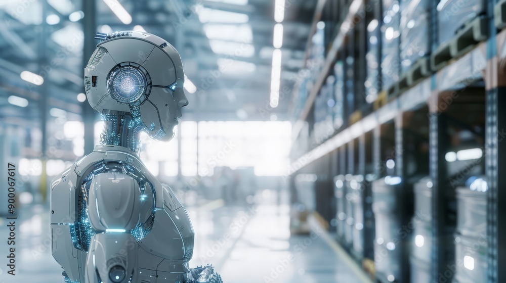 Futuristic robot in a high-tech industrial warehouse. Showcasing advanced robotics and AI technology. Futuristic robot in a high-tech industrial warehouse. Showcasing advanced robotics and AI technology.