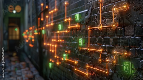 An abstract depiction of a digital network, with glowing lines and nodes illuminating a dark, rain-soaked alley.
