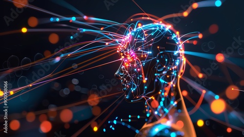 Abstract image of neural networks with human silhouette, analytical thinking, visual representation of cognitive processes