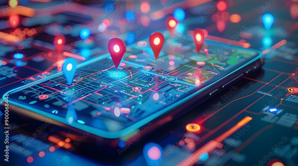 Digital cityscape on smartphone with location pins and map, mobile app concept, digital marketing, big data network, futuristic style Digital cityscape on smartphone with location pins and map, mobile app concept, digital marketing, big data network, futuristic style