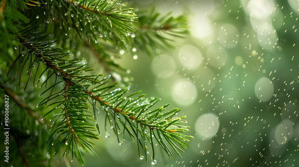 Close-up of pine tree branches with rain droplets in a misty forest, capturing the serene and fresh atmosphere of nature. Close-up of pine tree branches with rain droplets in a misty forest, capturing the serene and fresh atmosphere of nature.