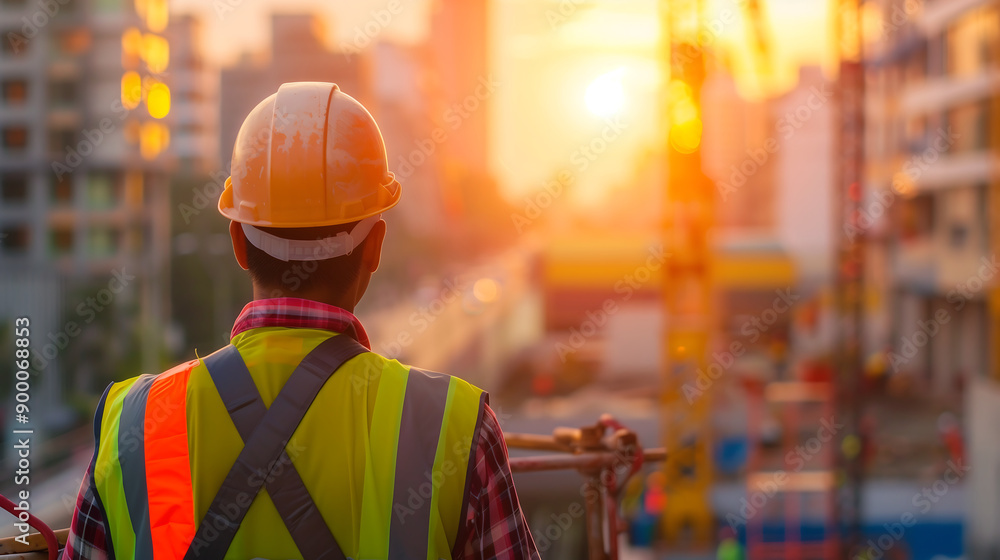 Construction worker wearing hardhat and safety vest at a building site Construction worker wearing hardhat and safety vest at a building site