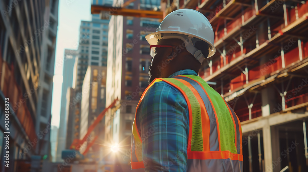 Fototapeta premium Construction worker wearing hardhat and safety vest at a building site