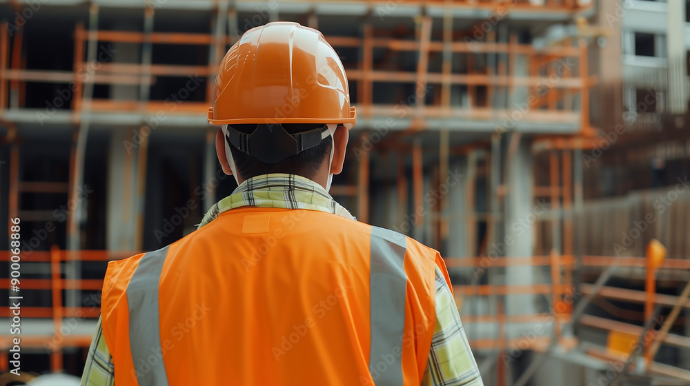 Construction worker wearing hardhat and safety vest at a building site Construction worker wearing hardhat and safety vest at a building site