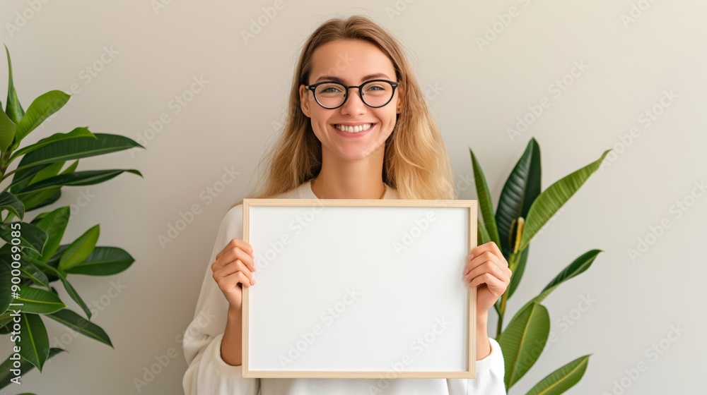 Young woman smiling holding empty frame surrounded by indoor plants in natural light. Young woman smiling holding empty frame surrounded by indoor plants in natural light.