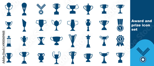 Set of winning award and prize icons, trophy reward, victory trophy signs depicting an award, victory cup achievement, winner medal - stock vector