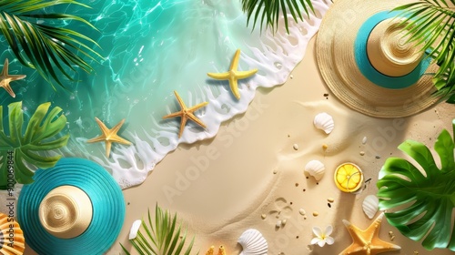 Tropical beach with sunbathing accessories, summer holiday background