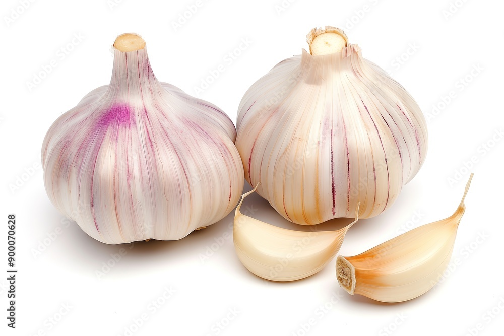 Obraz premium Close-up of fresh garlic bulbs and cloves with vibrant colors and textures, ideal for culinary or health content