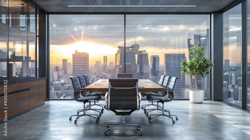Modern office conference room with leather executive chair, wooden table, and urban cityscape view through large windows. Professional workspace. Modern office conference room with leather executive chair, wooden table, and urban cityscape view through large windows. Professional workspace.