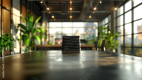 Wallpaper Mural Modern office interior with a focus on a black conference table and blurred background with large windows and natural light. Torontodigital.ca