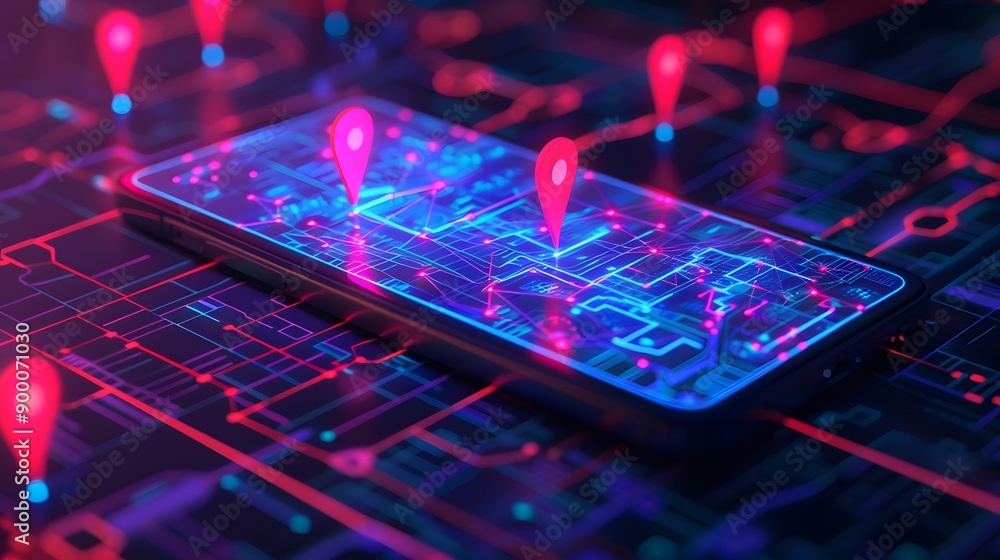 Digital cityscape on smartphone with location pins and map, mobile app concept, digital marketing, big data network, futuristic style Digital cityscape on smartphone with location pins and map, mobile app concept, digital marketing, big data network, futuristic style