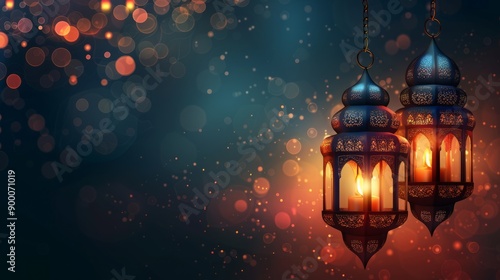 Stylish lantern Islamic Eid mubarak festival background design vector  © Otseira