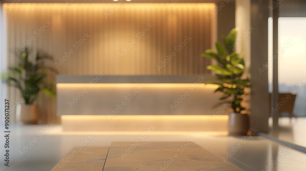 Modern reception area with a blurred background, emphasizing a minimalist reception desk Modern reception area with a blurred background, emphasizing a minimalist reception desk