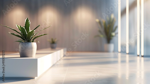 Modern reception area with a blurred background, emphasizing a minimalist reception desk