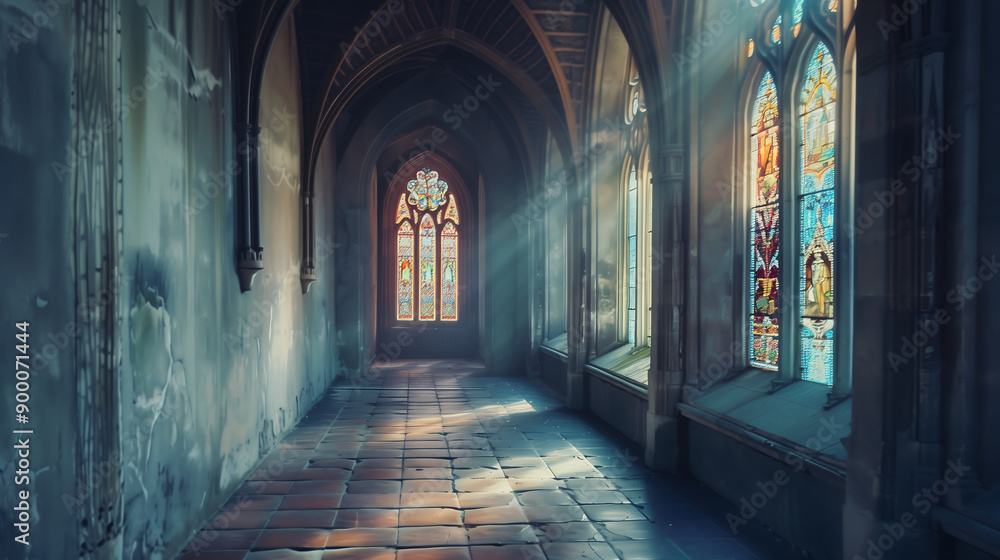 Mystic empty gothic hallway with ornate stained glass windows in an old castle Mystic empty gothic hallway with ornate stained glass windows in an old castle