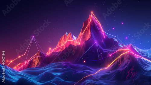 Success concept background about business success using mountain peaks and neon dot line to the top
