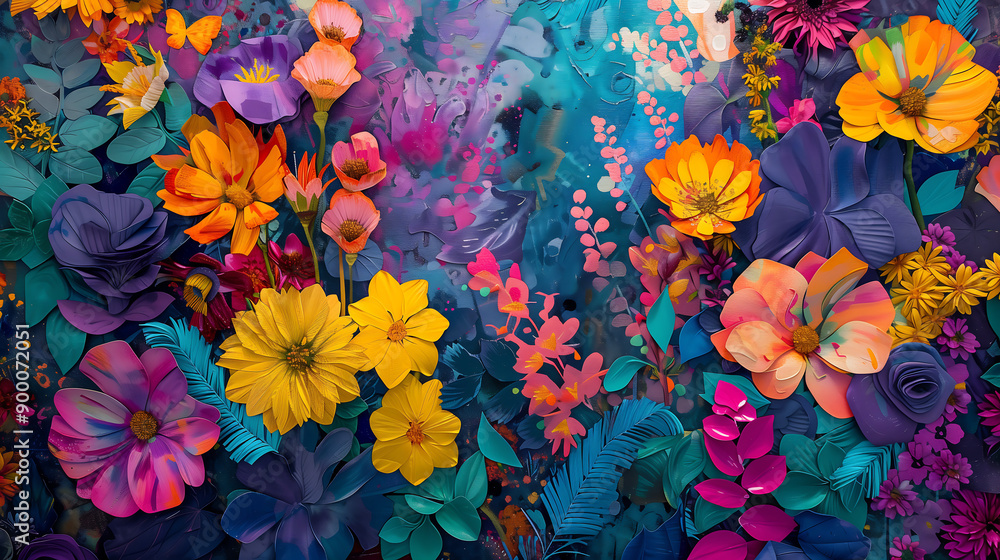 The image is a photo of a colorful mural of flowers and plants The image is a photo of a colorful mural of flowers and plants