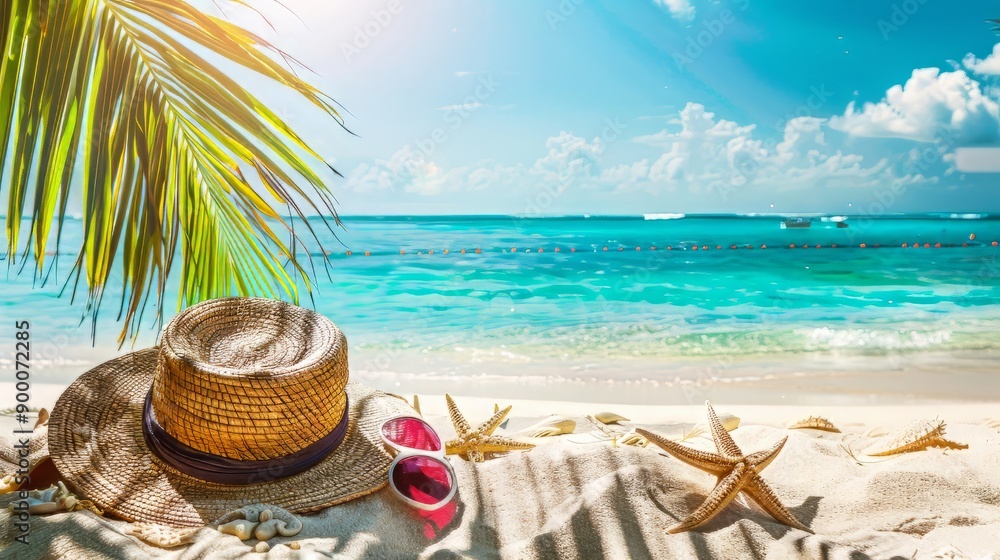 Tropical beach with sunbathing accessories, summer holiday background Tropical beach with sunbathing accessories, summer holiday background