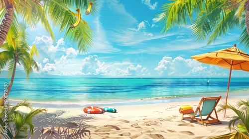 Tropical beach with sunbathing accessories, summer holiday background