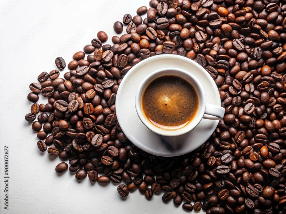 Fototapeta premium Cup of coffee and coffee beans close up