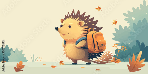 Cute hedgehog goes to school Cartoon vector character Greeting card for children 