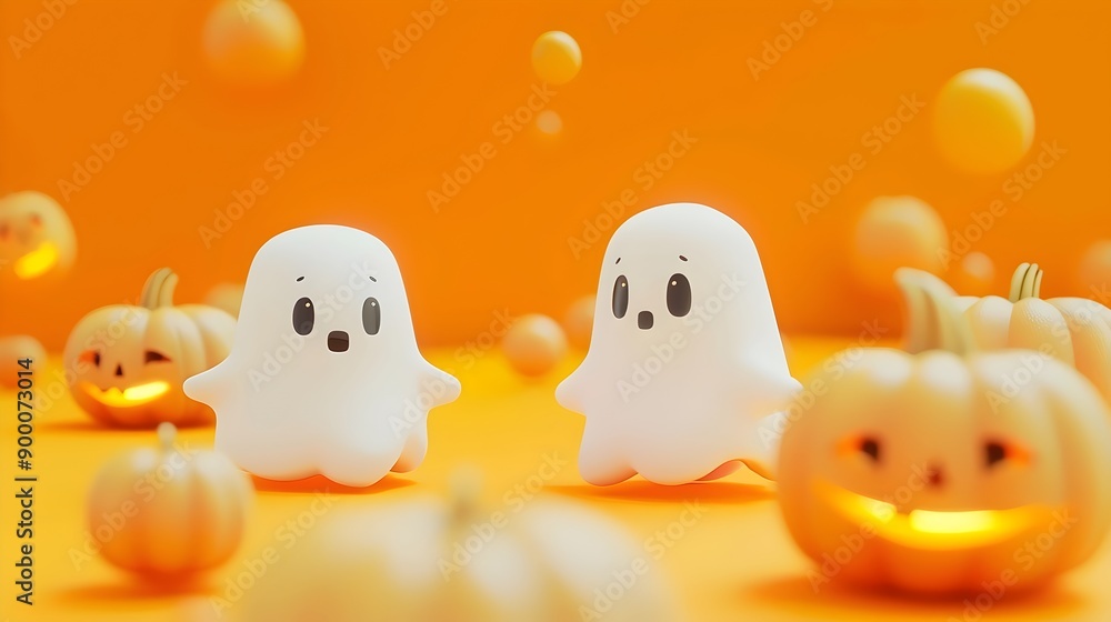 Two cute white ghosts with wide eyes and small open mouths in a bright orange setting surrounded by smiling pumpkins and floating bubbles, creating a fun and whimsical Halloween atmosphere. Two cute white ghosts with wide eyes and small open mouths in a bright orange setting surrounded by smiling pumpkins and floating bubbles, creating a fun and whimsical Halloween atmosphere.