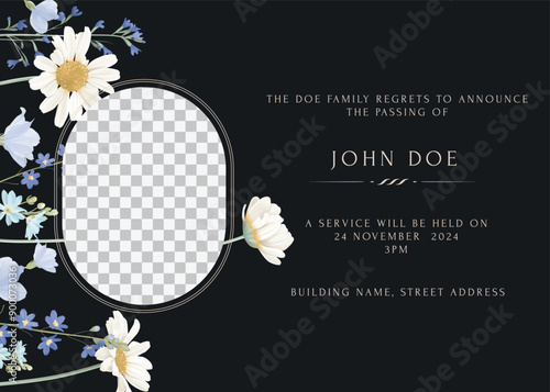 Floral funeral invitation template, minimalist wildflowers and photo frame on dark grey background