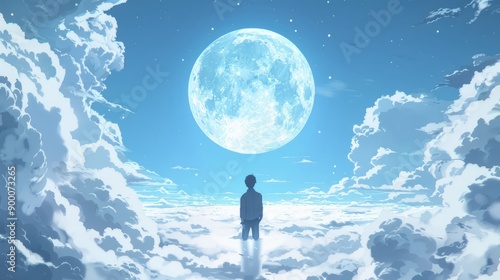 man stands in the center of an endless white cloud, with his back to us and looking at the huge moon in front. The background is a blue sky, surrounded by white clouds