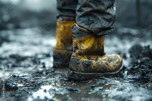 Close-up of Dirty Yellow Work Boots Worn by a Construction Worker on a Muddy Job Site, Skilled Labor, Construction, Hard Work, Building, Industry, Safety Boots, Boots, Mud, Workwear, Laborer