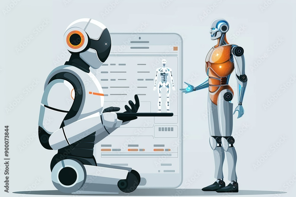 Naklejka premium Humanoid robot presenting data on a futuristic screen highlighting advanced AI technology and data analysis in a clean modern setting