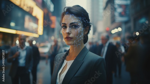 Businesswoman standing in busy city streets, digital glow on her face indicating facial recognition software running on a street cam.
