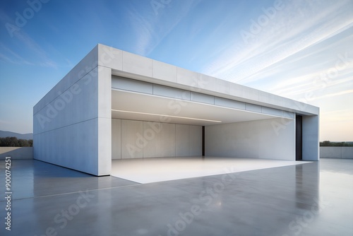 A very minimal architectural structure with a calm open space for mock-up use, concrete floor, and cement garage design.