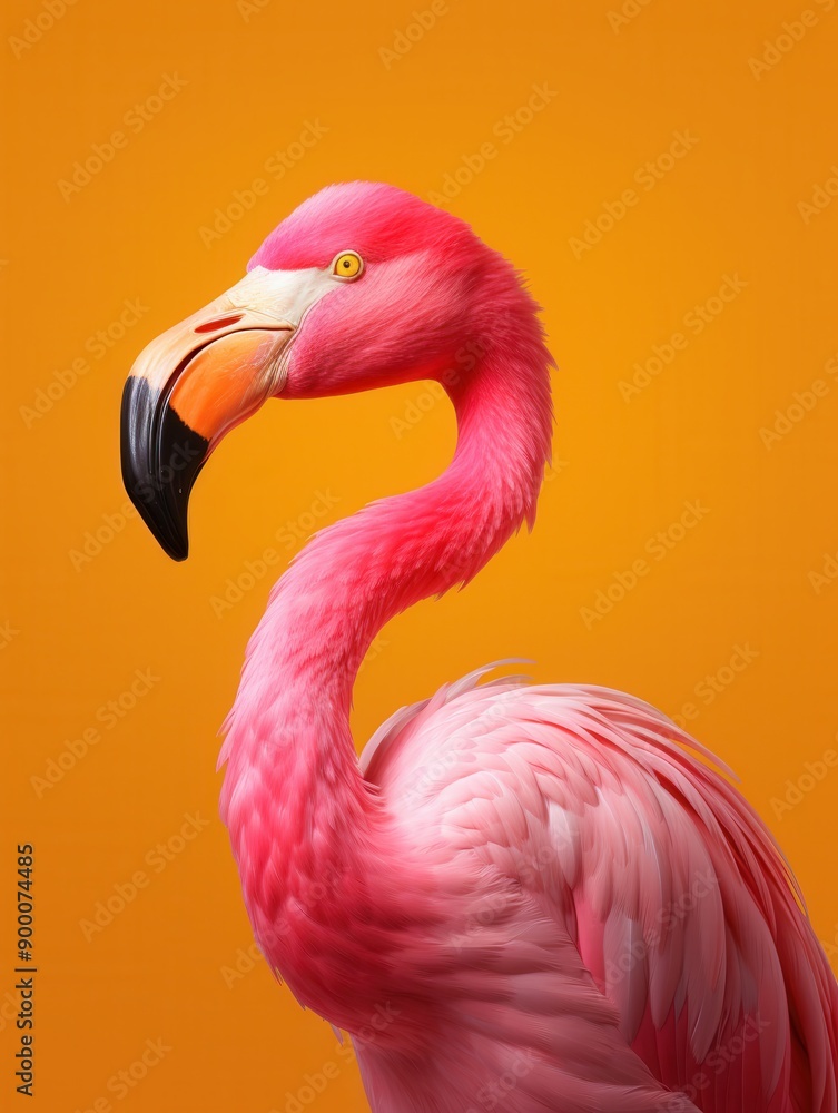 Fototapeta premium Pink flamingo bird portrait close-up against a vibrant orange-yellow background.