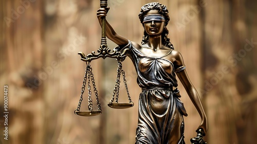 A statue of Lady Justice holds scales of justice in front of a blurred background. photo