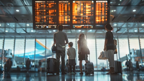 A group of four families standing and looking at a departure board at the airport.