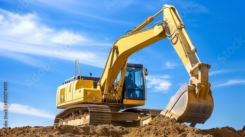 yellow excavator with blue sky background photo