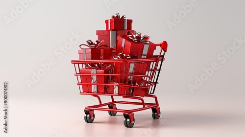 A festive shopping cart filled with red gifts adorned with bows photo