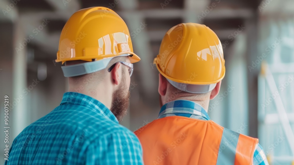 Architect and construction manager reviewing site plans, professional collaboration, project oversight Architect and construction manager reviewing site plans, professional collaboration, project oversight