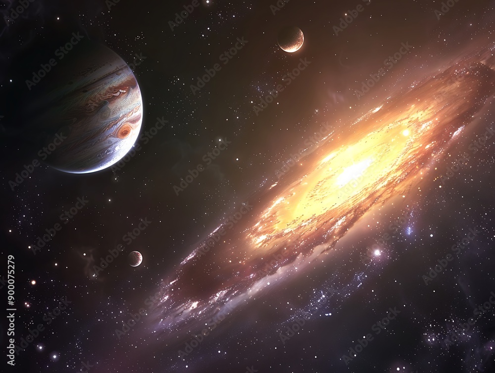 Realistic depiction of a dark galaxy with a glowing nebula, stars, and planets in a captivating cosmic scene.