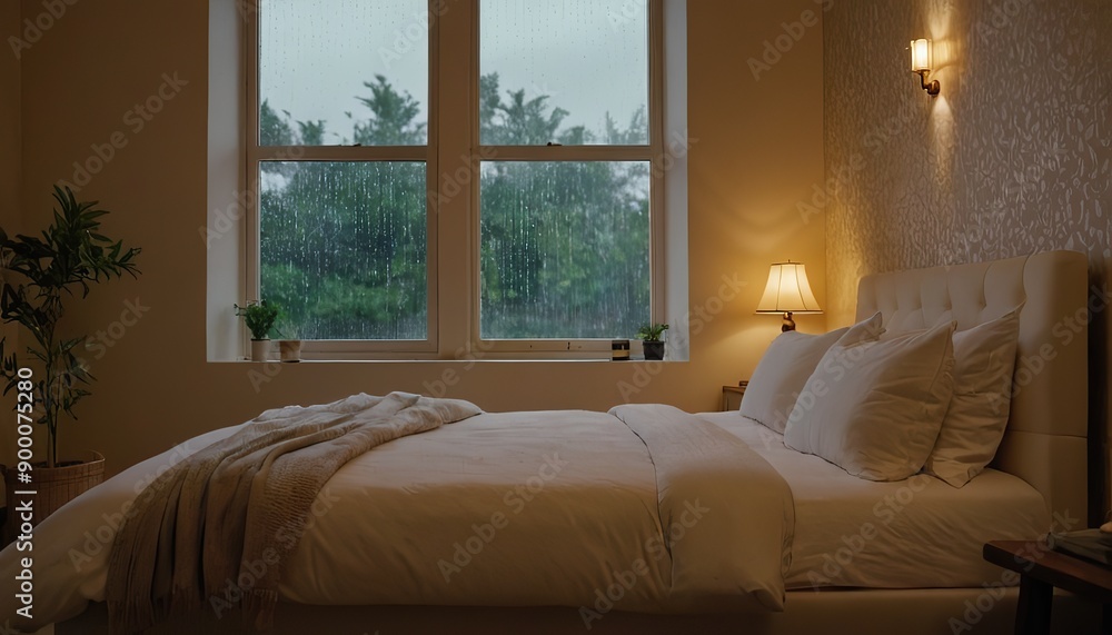 Highly detailed image a bedroom with raindrop window112 Highly detailed image a bedroom with raindrop window112